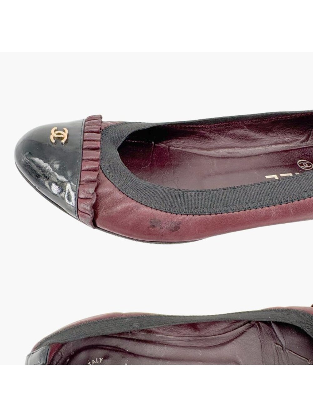Chanel CC Ruffle Cap Toe Ballet Flats EU 37 US 6-6.5 Brown Burgundy Leather - Picture 9 of 15